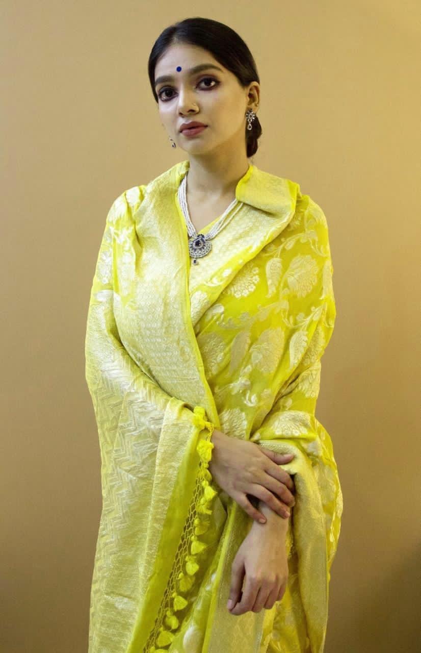 Devanshi - Yellow Soft Silk Saree with Self-Jacquard Weaving and Tassel Border