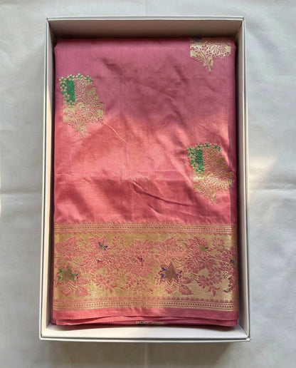 Dipali - Old Rose Pink Banarasi Silk Saree with Multicolour Zari Border