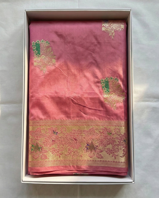 Dipali - Old Rose Pink Banarasi Silk Saree with Multicolour Zari Border
