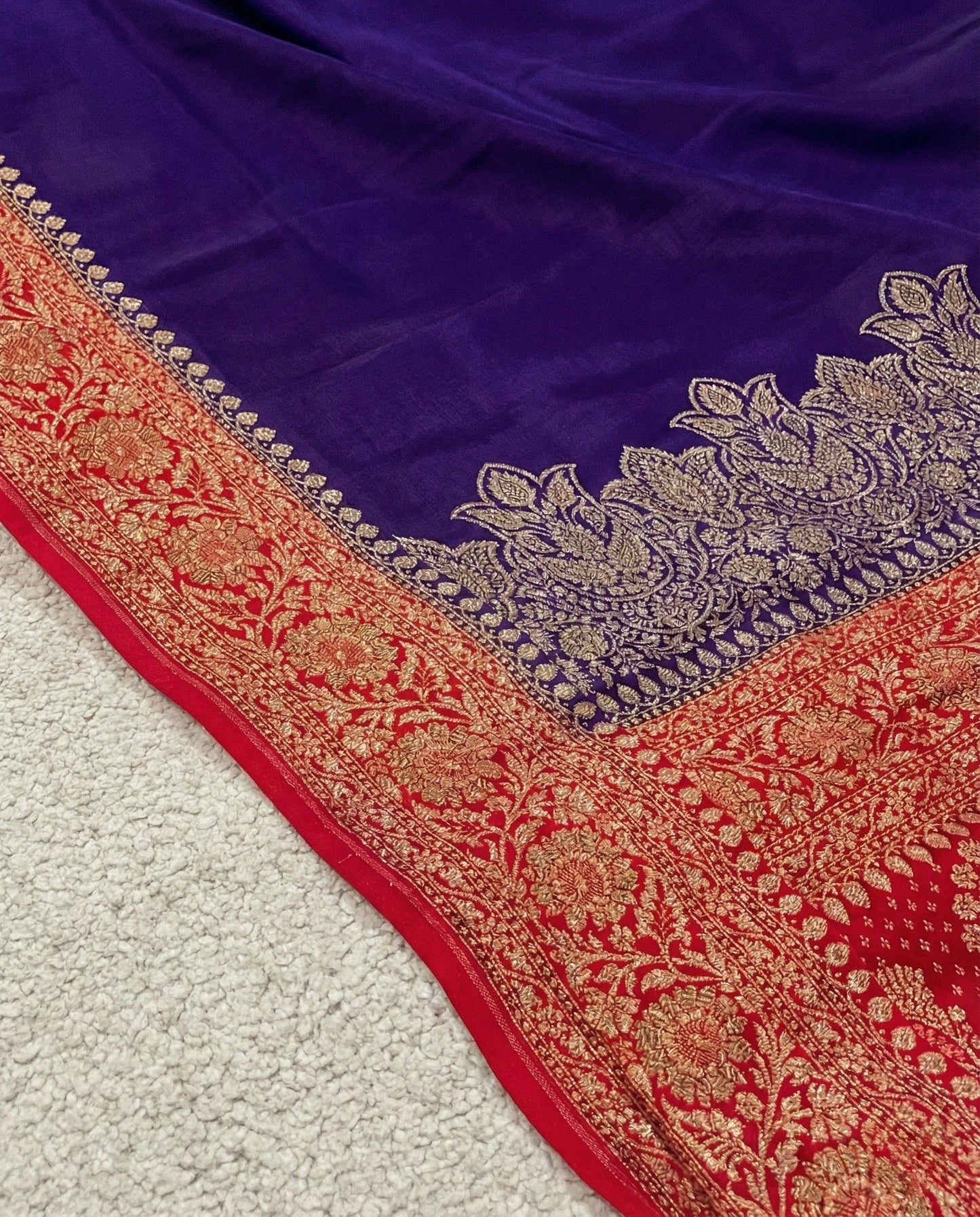 Arati - Blue Red Pure Crape Silk Saree with Zari Border