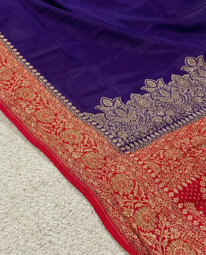 Arati - Blue Red Pure Crape Silk Saree with Zari Border