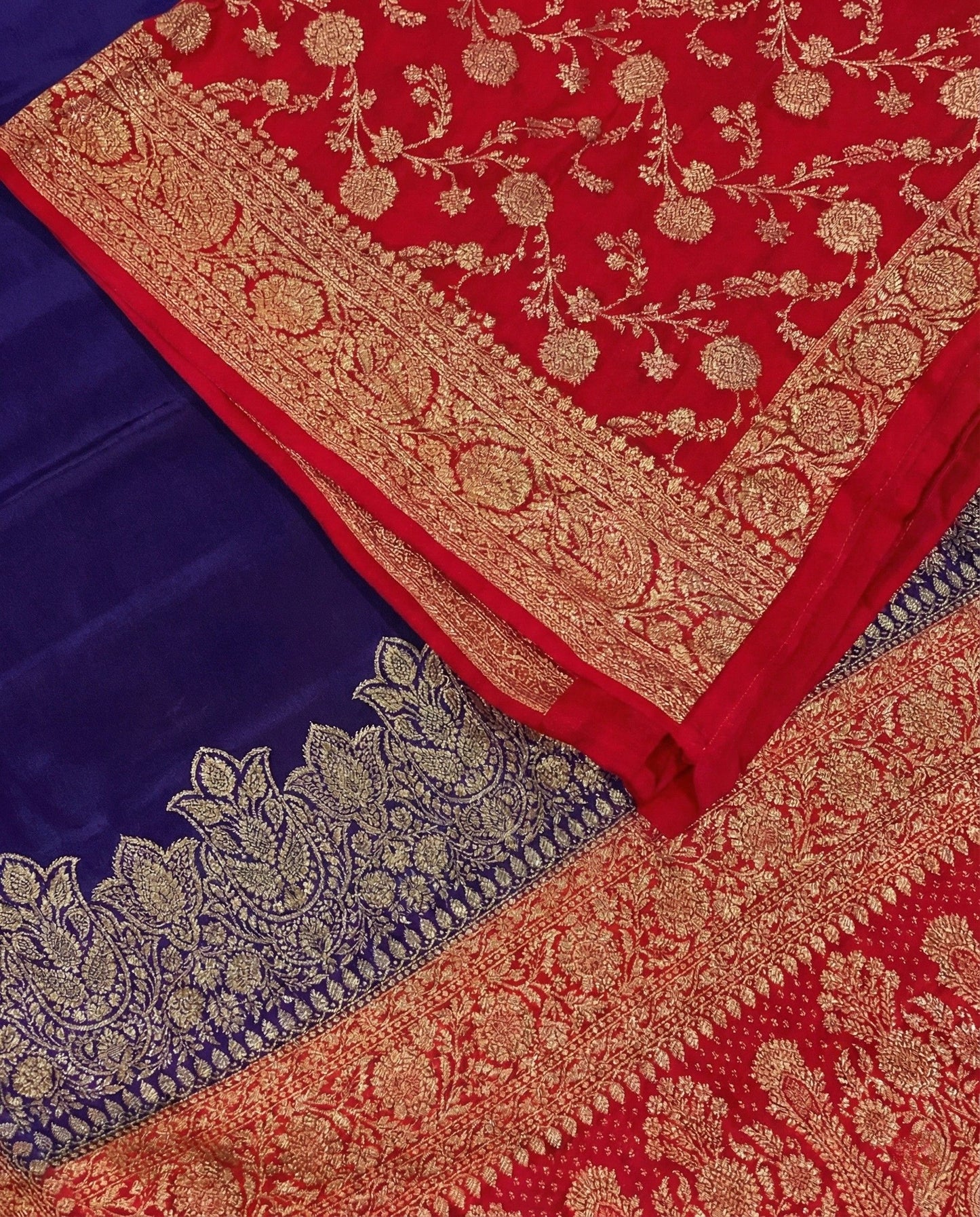 Arati - Blue Red Pure Crape Silk Saree with Zari Border