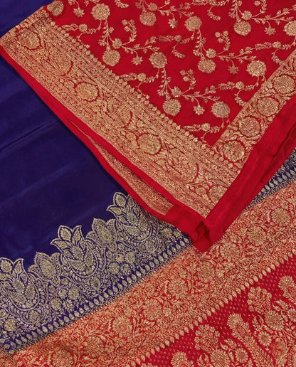 Arati - Blue Red Pure Crape Silk Saree with Zari Border