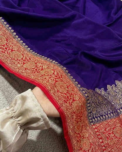 Arati - Blue Red Pure Crape Silk Saree with Zari Border