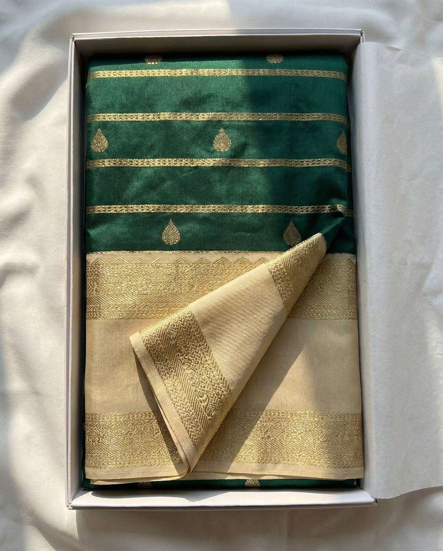 Ranjini - Bottle Green Banarasi Silk Saree with Ivory Zari Border