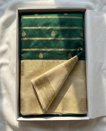 Ranjini - Bottle Green Banarasi Silk Saree with Ivory Zari Border
