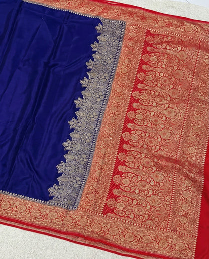 Arati - Blue Red Pure Crape Silk Saree with Zari Border