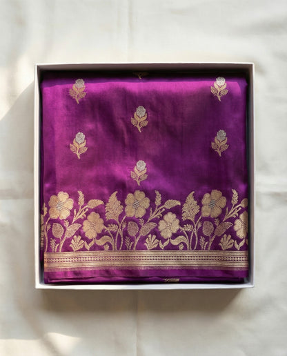 Bhumi - Deep Purple Banarasi Silk Saree with Floral Zari Border