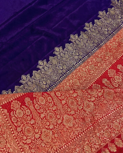 Arati - Blue Red Pure Crape Silk Saree with Zari Border