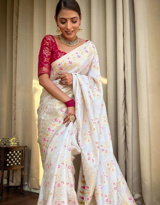 Tisha White Soft Banarasi Saree With Attached Blouse