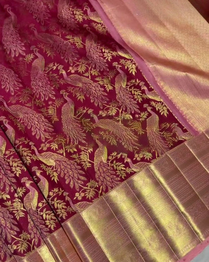 Anitha - Maroon Kanchipuram Silk Saree with Zari Peacock Weave and Pink Border