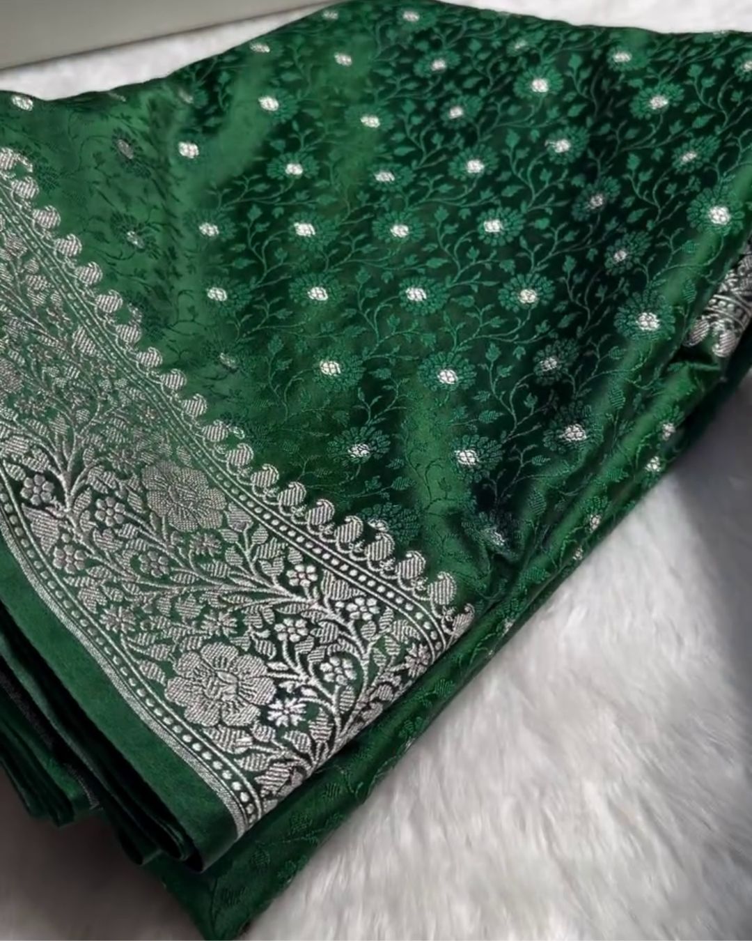 Arya - Emerald Green Katan Silk Saree with Silver Zari Butta and Floral Border