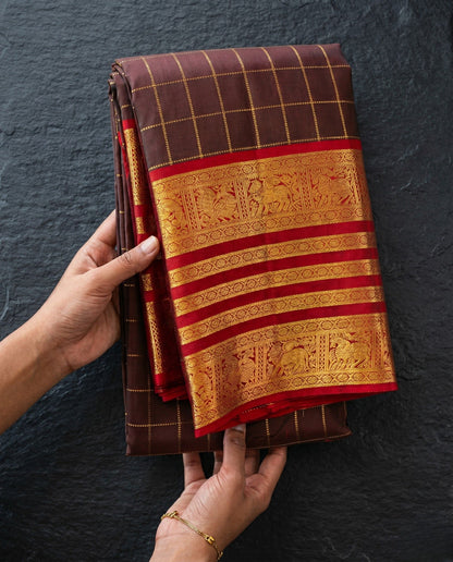 Taru - Rich Brown Silk Saree With Traditional Temple Zari Border