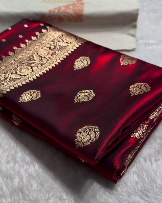 Kaushalya - Maroon Banarasi Satin Saree with Golden Zari Floral Weaving