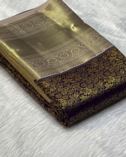 Viranjini - Antique Gold Banarasi Silk Saree with Floral Zari Border