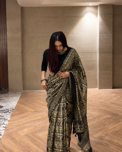 Archna - Midnight Black Heritage Gold Saree