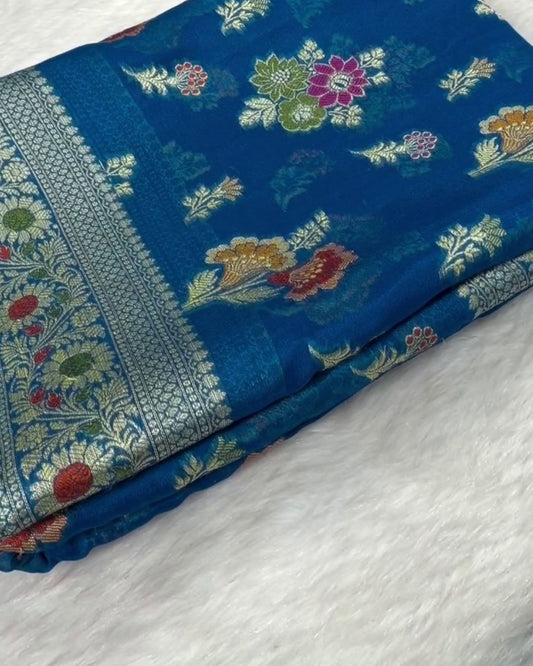 Priya - Teal Blue Banarasi Silk Saree with Floral Zari Border