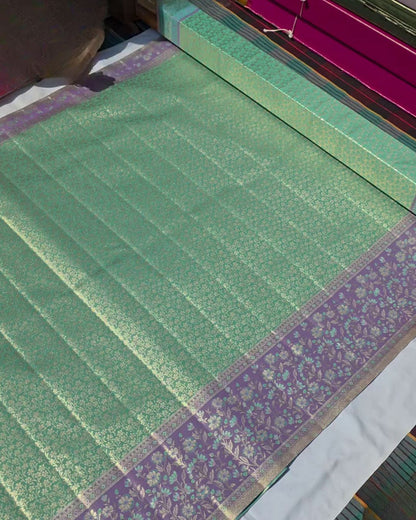 Kamini - Mint Green Banarasi Silk Saree with Floral Zari Border