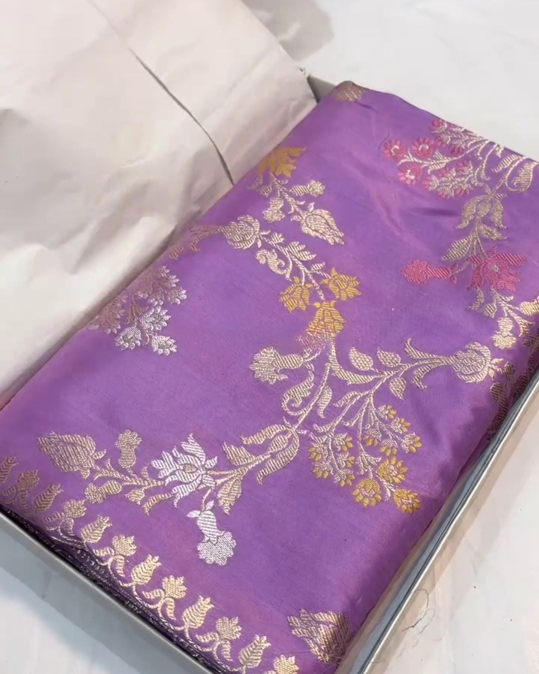 Yamini - Lavender Purple Banarasi Silk Saree with Floral Zari Work