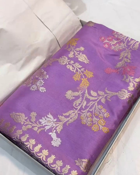 Yamini - Lavender Purple Banarasi Silk Saree with Floral Zari Work
