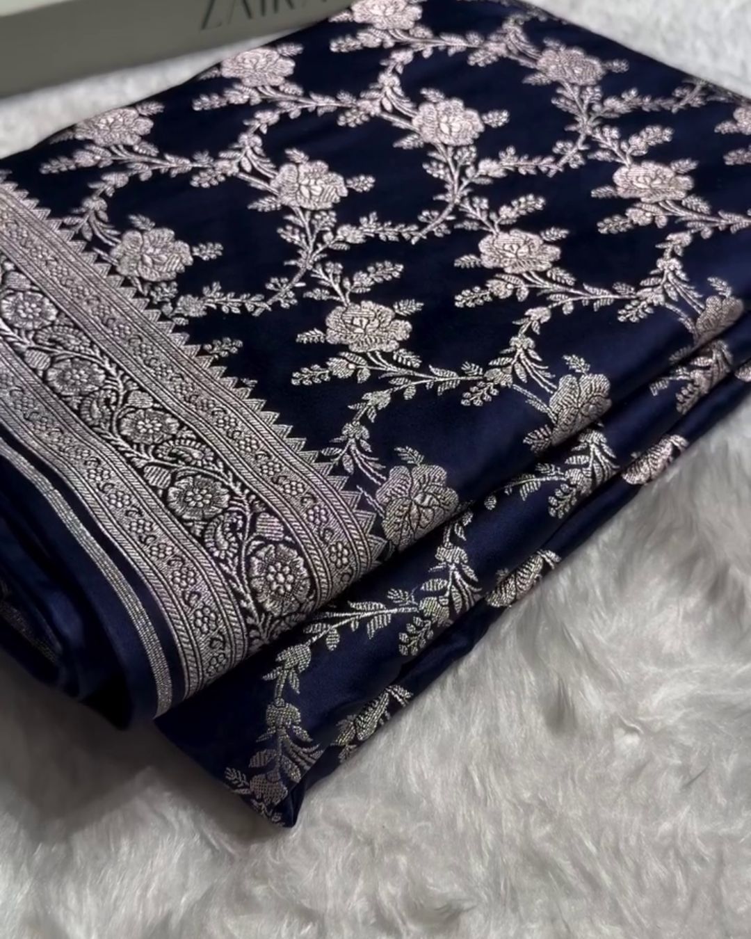 Pratiksha - Navy Blue Katan Silk Saree with Silver Zari Jaal and Temple Border