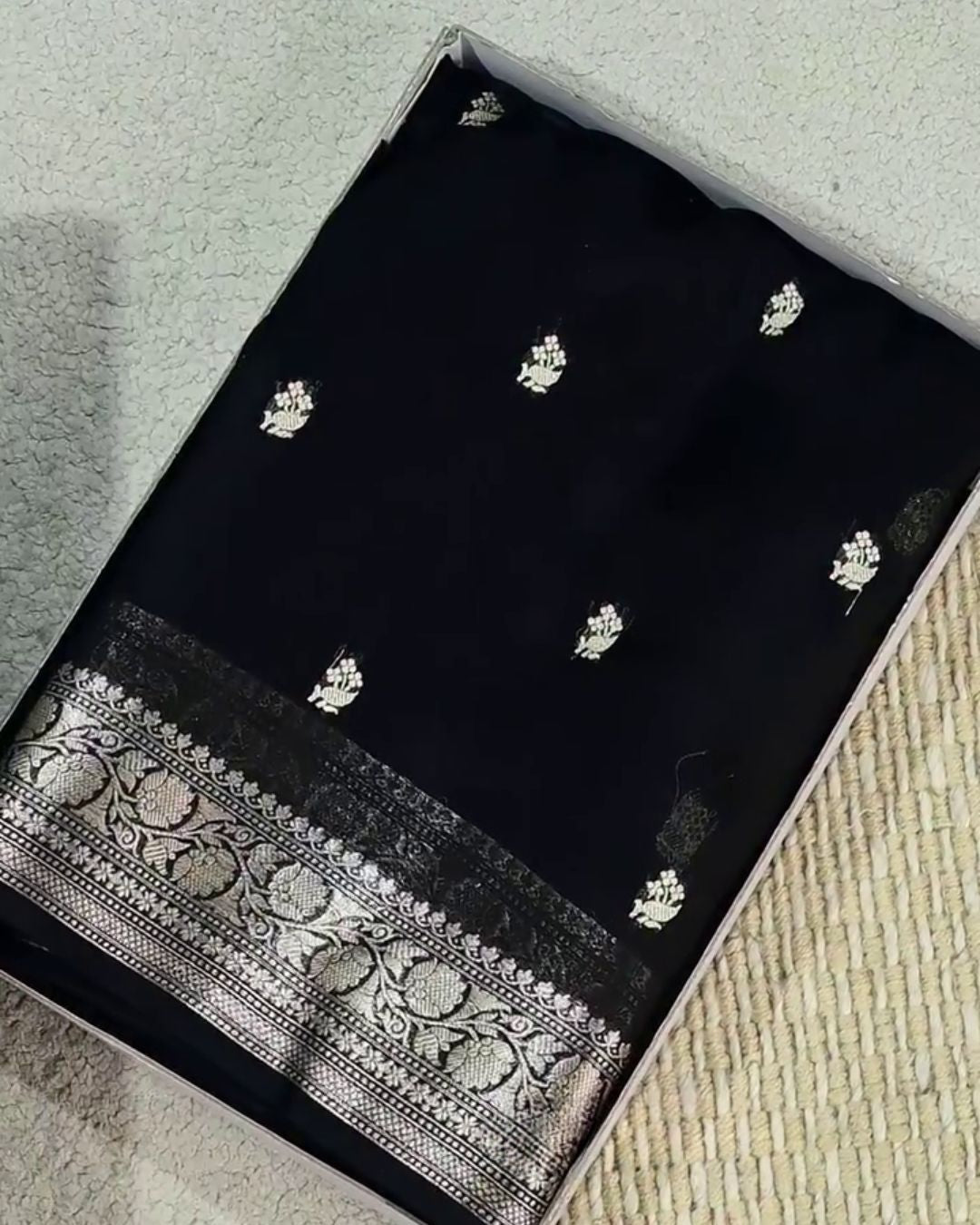 Ojaswini - Black Banarasi Silk Saree with Silver Zari Border