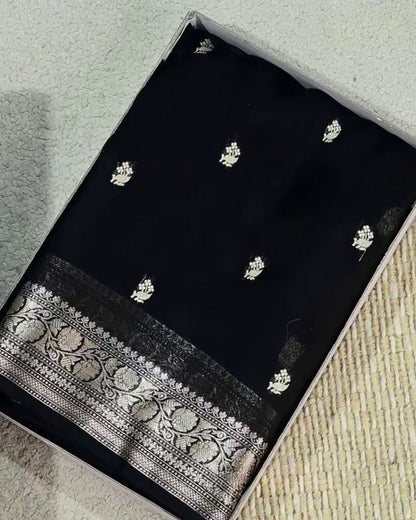 Ojaswini - Black Banarasi Silk Saree with Silver Zari Border