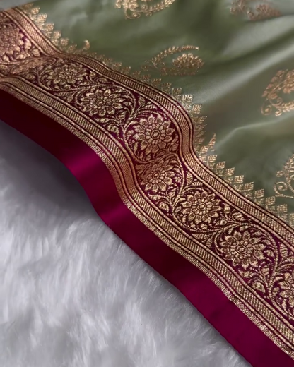 Charulata - Green Katan Silk Saree with Zari Boota and Pink Border