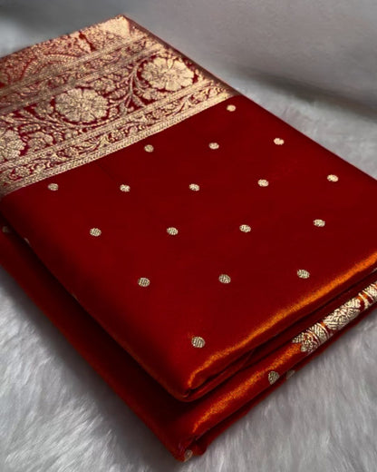 Ashwini - Red Satin Banarasi Saree with Zari Dot Weave & Floral Border