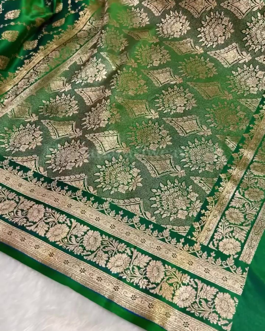 Asmita - Emerald Green Banarasi Silk Saree with Heavy Zari Jaal Border