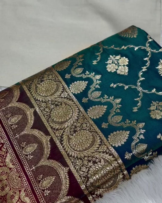 Mahika-Teal Banarasi Satin Saree with Zari Floral & Contrast Maroon Border