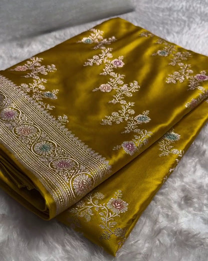 Kundini - Mustard Yellow Banarasi Silk Saree with Multicolor Floral Zari Jaal and Woven Border