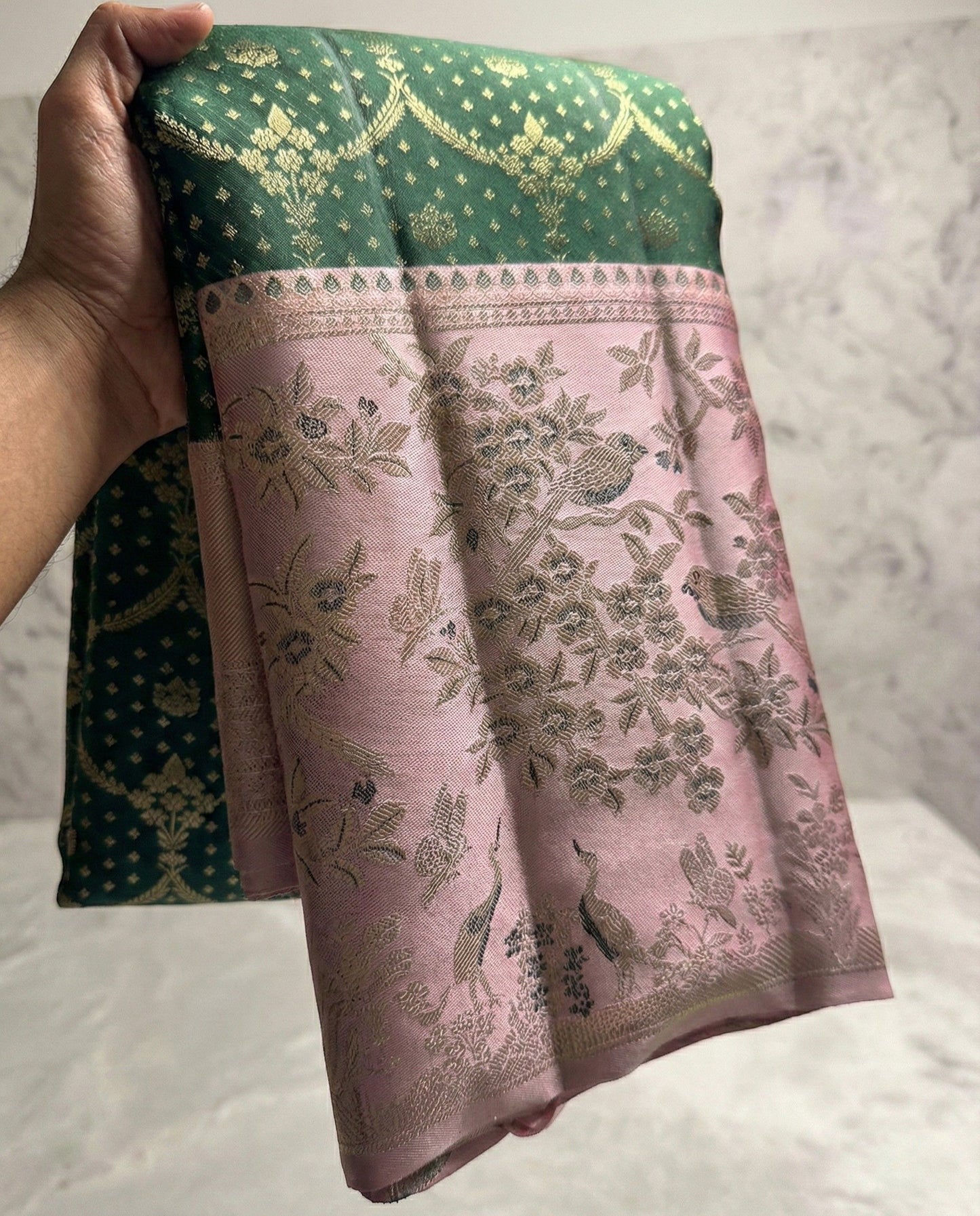 Prarthna – Green and Pink Kanchivaram Silk Saree with Gold Zari Border