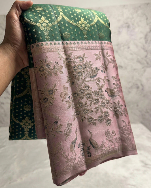 Prarthna – Green and Pink Kanchivaram Silk Saree with Gold Zari Border
