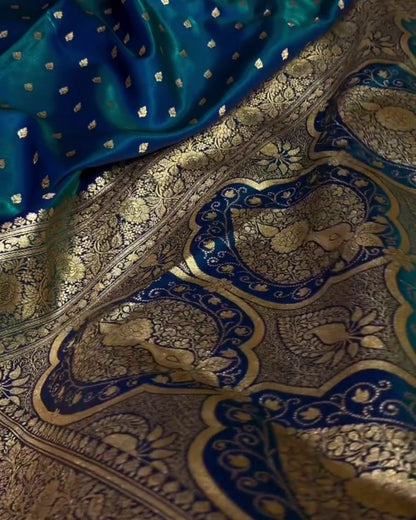 Amara - Teal Blue Banarasi Satin Saree with Zari Buti and Floral Border