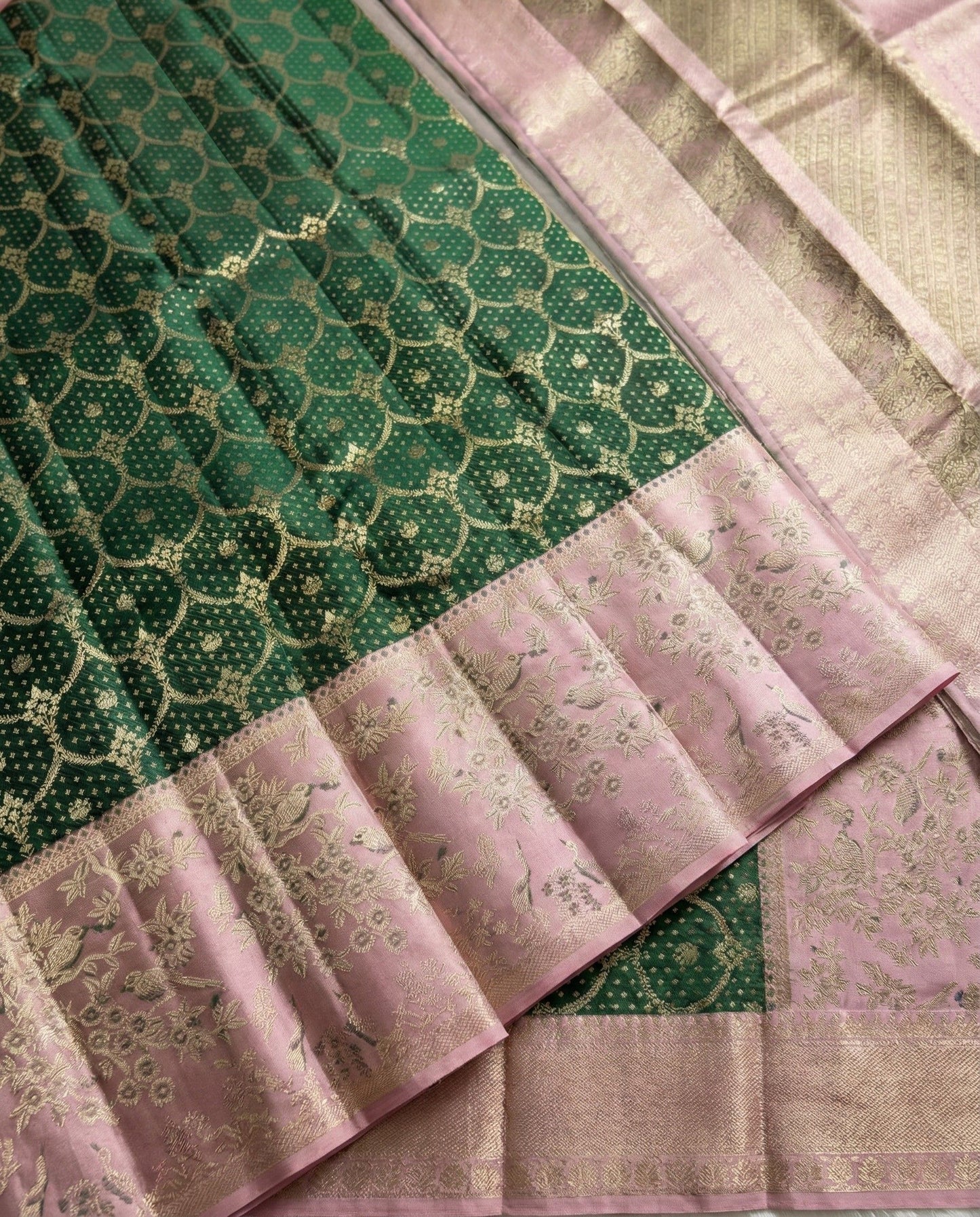Prarthna – Green and Pink Kanchivaram Silk Saree with Gold Zari Border
