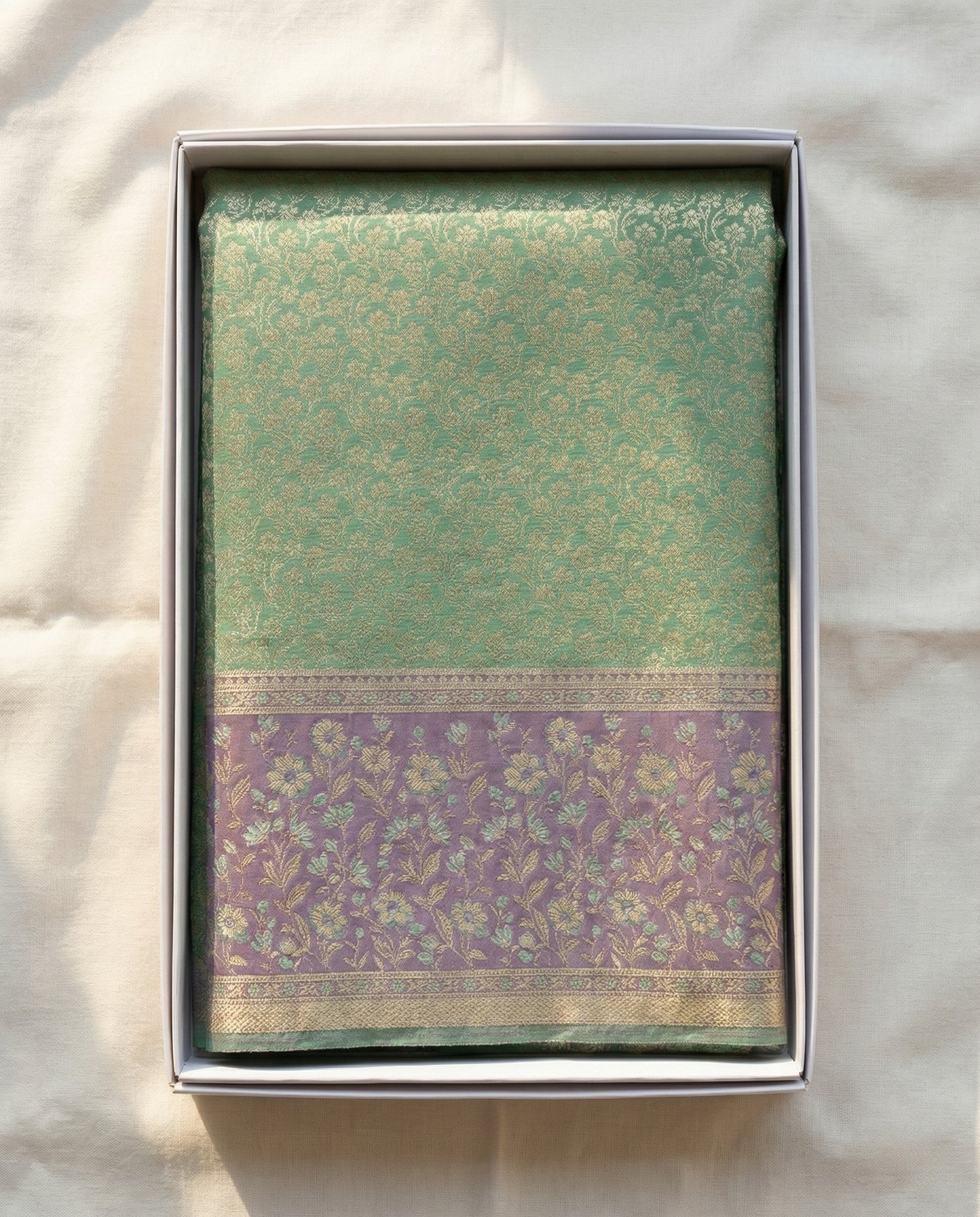 Kamini - Mint Green Banarasi Silk Saree with Floral Zari Border