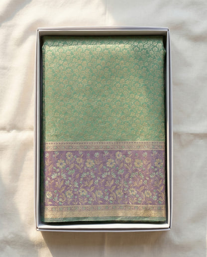 Kamini - Mint Green Banarasi Silk Saree with Floral Zari Border