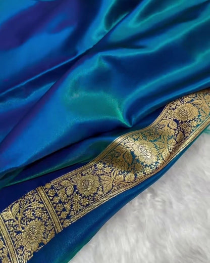 Amara - Teal Blue Banarasi Satin Saree with Zari Buti and Floral Border