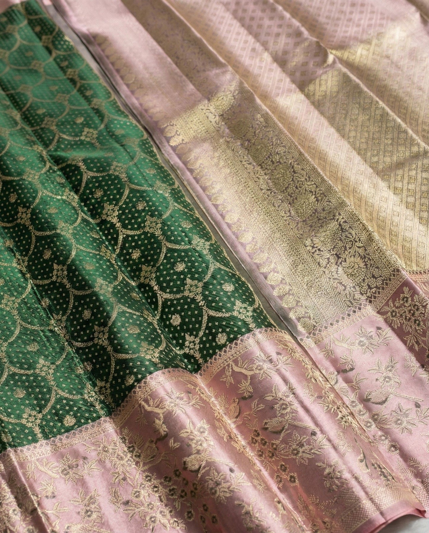 Prarthna – Green and Pink Kanchivaram Silk Saree with Gold Zari Border