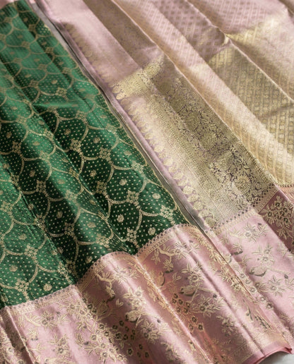 Prarthna – Green and Pink Kanchivaram Silk Saree with Gold Zari Border