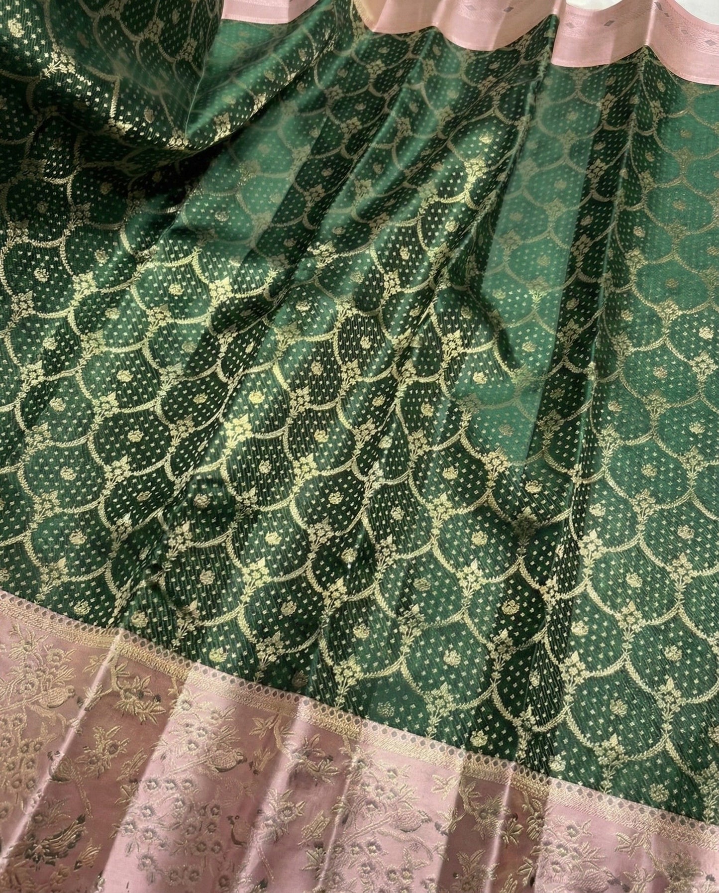 Prarthna – Green and Pink Kanchivaram Silk Saree with Gold Zari Border