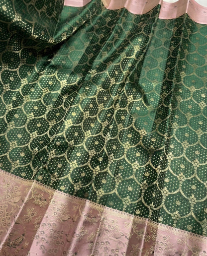 Prarthna – Green and Pink Kanchivaram Silk Saree with Gold Zari Border