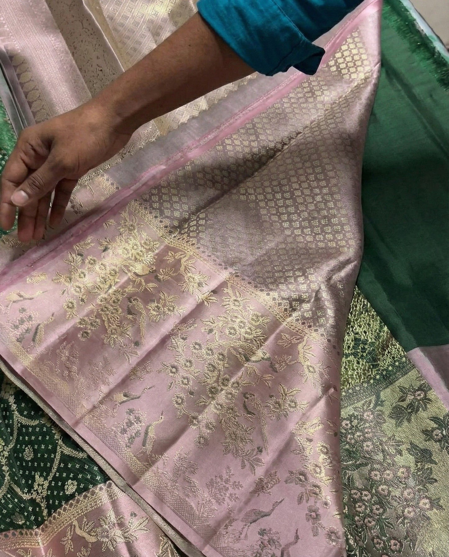 Prarthna – Green and Pink Kanchivaram Silk Saree with Gold Zari Border