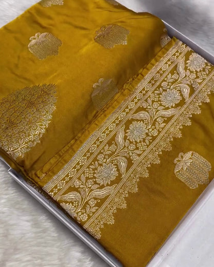 Pranavi - Mustard Silk Blend Floral Zari Saree