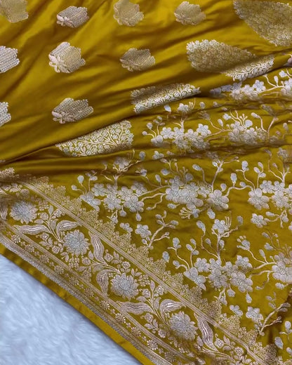 Pranavi - Mustard Silk Blend Floral Zari Saree