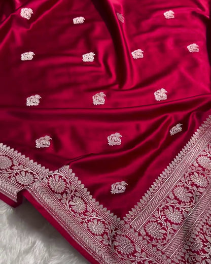 Haimavati - Rani Satin Banarasi Saree with Zari Floral Border