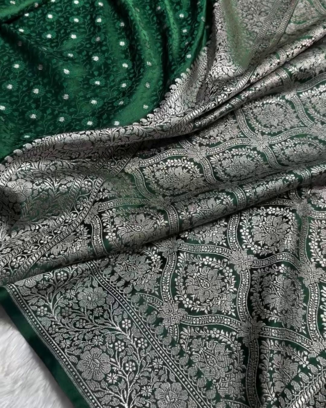 Arya - Emerald Green Katan Silk Saree with Silver Zari Butta and Floral Border