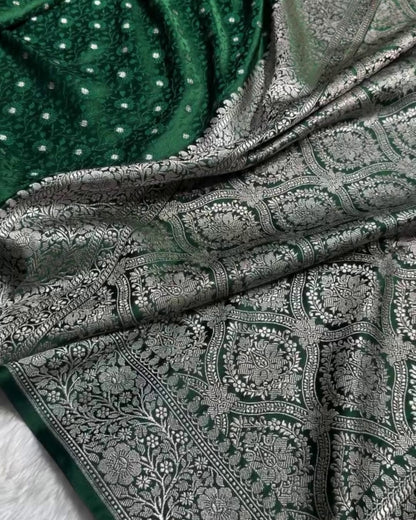 Arya - Emerald Green Katan Silk Saree with Silver Zari Butta and Floral Border