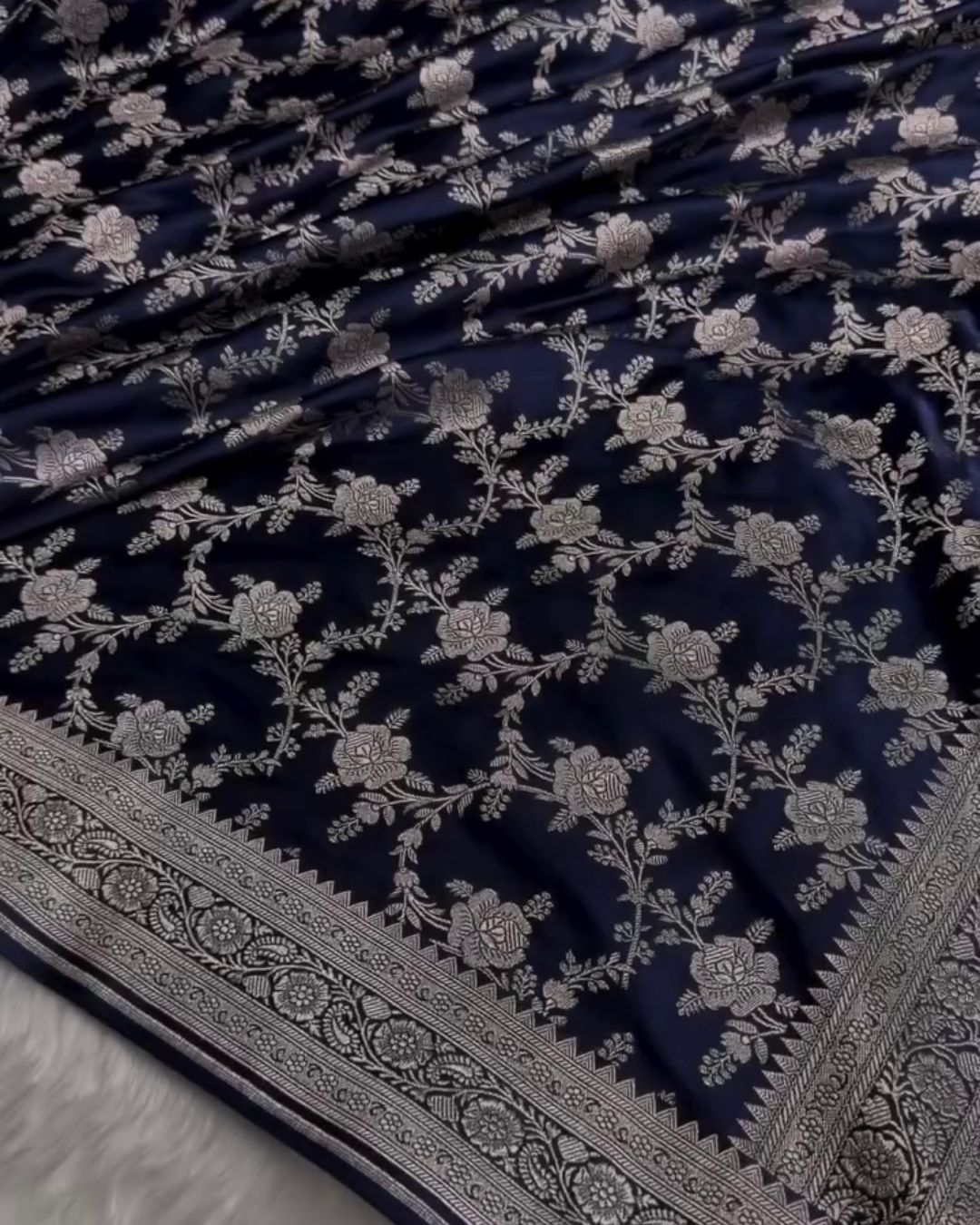 Pratiksha - Navy Blue Katan Silk Saree with Silver Zari Jaal and Temple Border